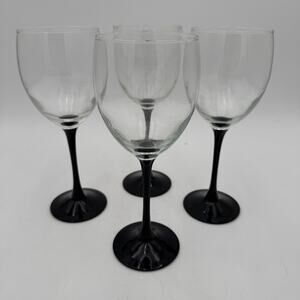 Set/4 Vintage Water Goblet Stemware Domino Signature Black by Cristal D'Arques